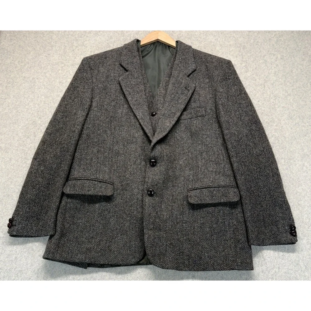 Harris Tweed Men's 2 Piece Wool Herringbone Blazer Vest Suit Set Gray 44